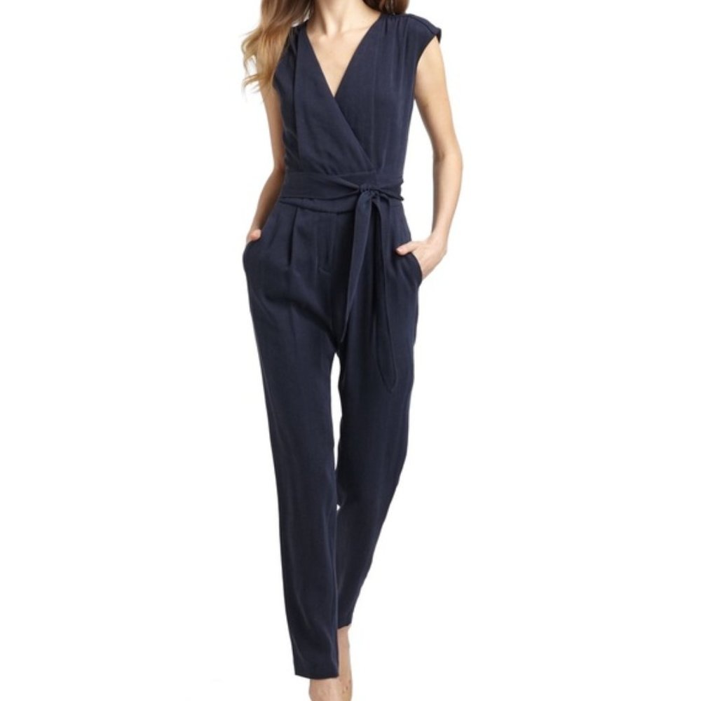 Rebecca Taylor Smocked Jumpsuit Waist Tie Wrap Pockets Navy Blue Women's Size 4